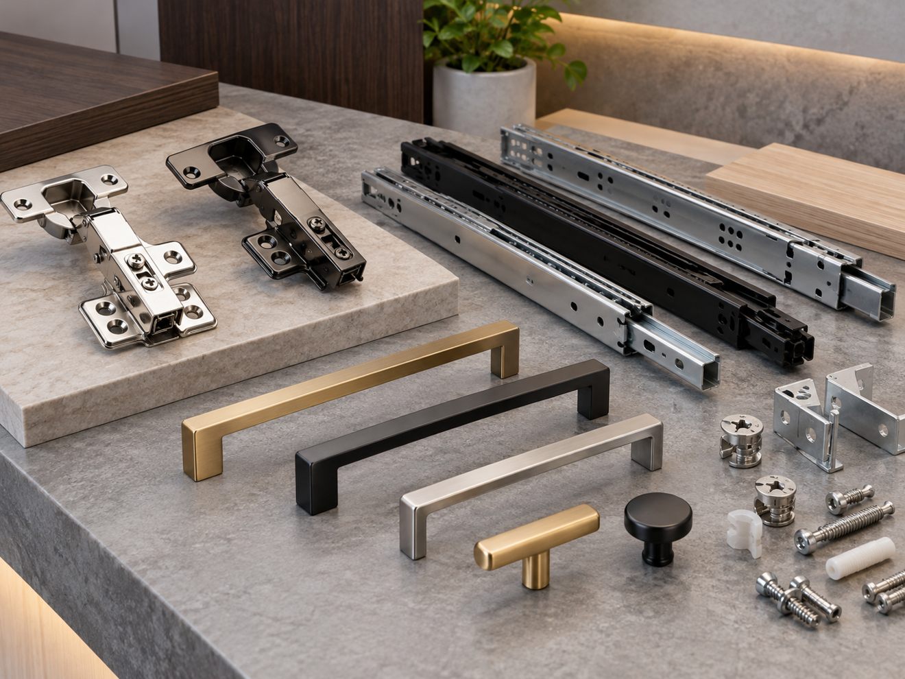 Cabinet hinges, slides and furniture fittings